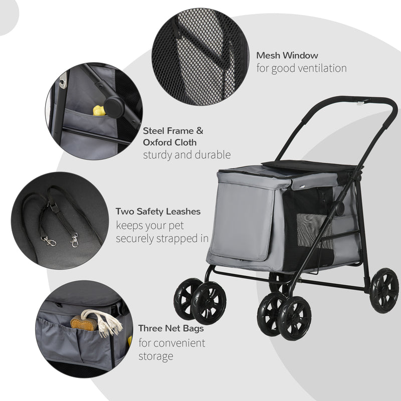 Foldable Pet Stroller One Click Dog Pushchair Cat Travel Carriage w/ EVA Wheels, Mesh Windows for Small Pets, Grey