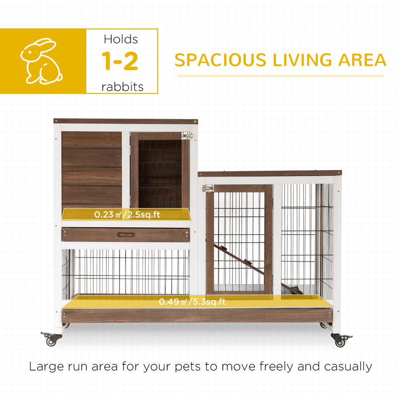 Wooden Indoor Rabbit Hutch Guinea Pig House Bunny Small Animal Cage W/ Wheels Enclosed Run 110 x 50 x 86 cm, Brown