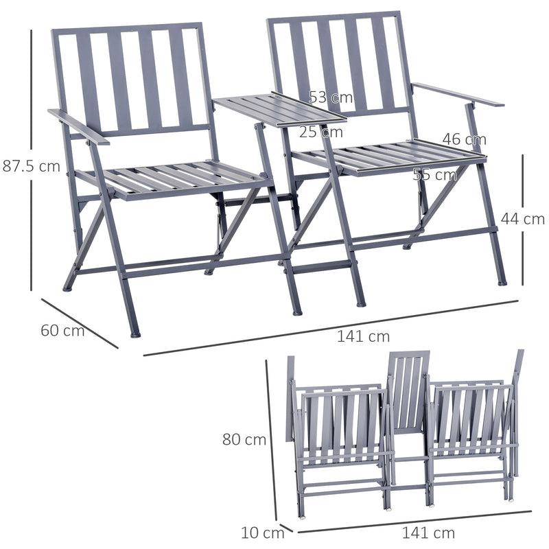 Folding Steel Double Seat Garden Loveseat Bench Patio Chair w/ Table Companion Slatted Garden Patio Outdoor Balcony Furniture Grey