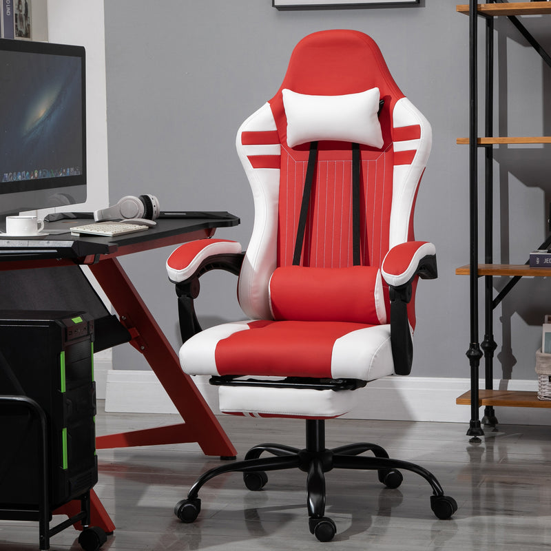 PU Leather Gaming Chair w/ Headrest, Footrest, Wheels, Adjustable Height, Racing Gamer Recliner, Red White