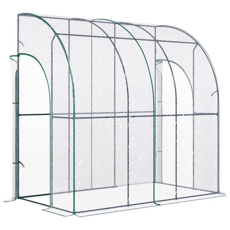 Outdoor Walk-In Lean to Wall Tunnel Greenhouse with Zippered Roll Up Door PVC Cover Sloping Top, Clear, Green 214cm x 118cm x 212cm