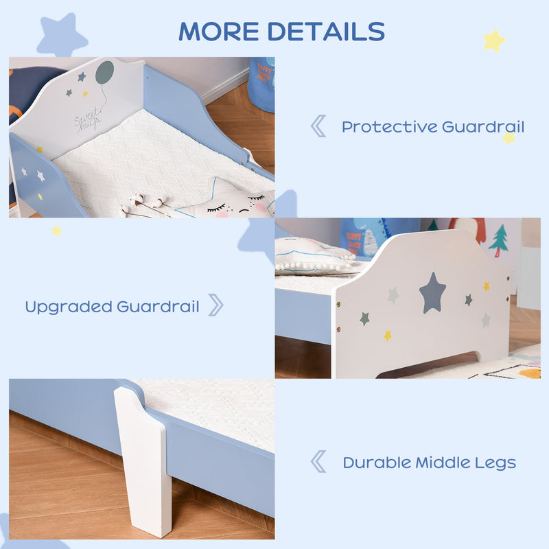 Kids Toddler Wooden Bed Round Edged with Guardrails Stars Image 143 x 74 x 59 cm Blue