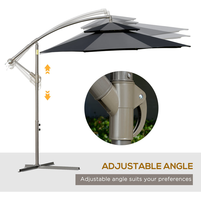 2.7m Banana Parasol Cantilever Umbrella with Crank Handle , Double Tier Canopy and Cross Base for Outdoor, Hanging Sun Shade, Black