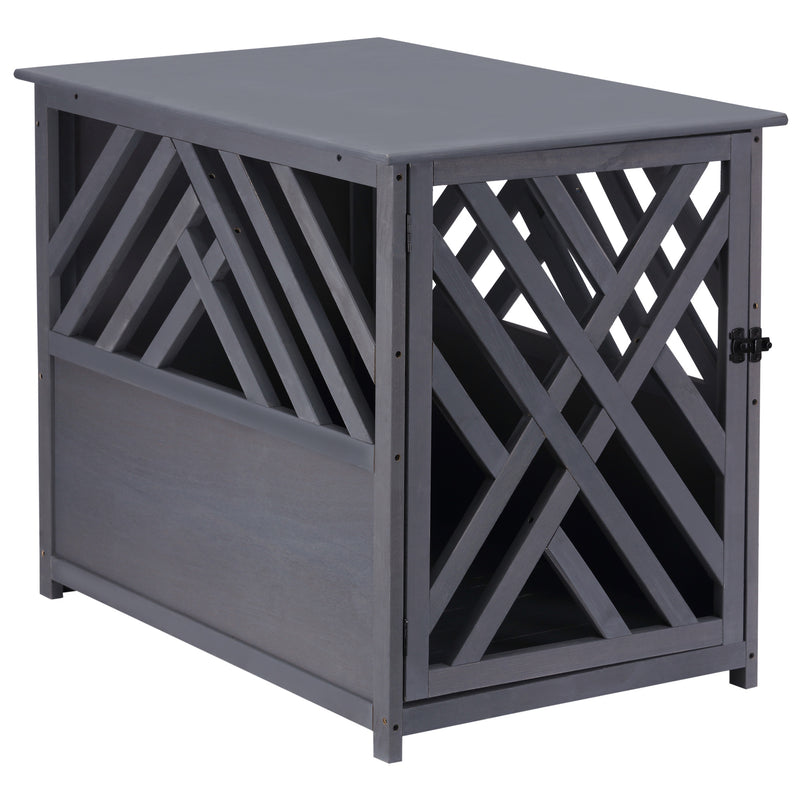Furniture Style Wooden Dog Crate Kennel Top End Table Decorative Dog Cage Lattice Night Stand with Lockable Door, 60 x 91 x 74 cm, Grey