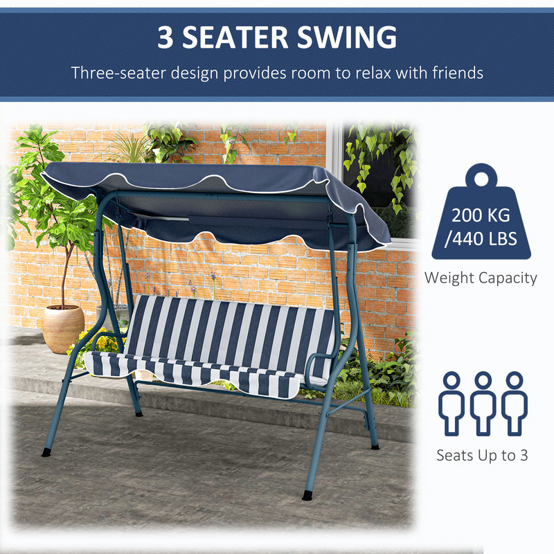 3 Seater Garden Swing Seat Chair Outdoor Bench with Adjustable Canopy and Metal Frame, Blue Stripes