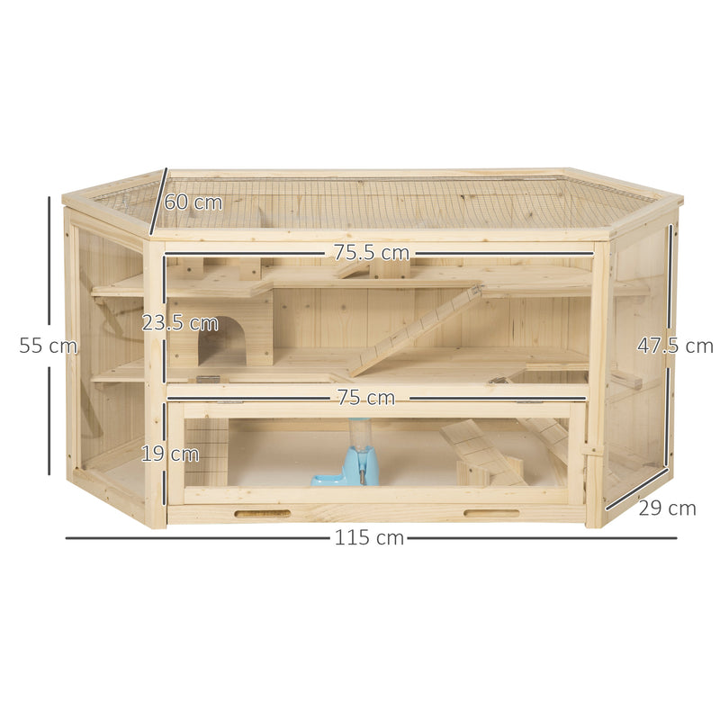 Wooden Large Hamster Cage Mouse Rats Small Animal Exercise Play House 3 Tier with Slide Activity Center, Natural