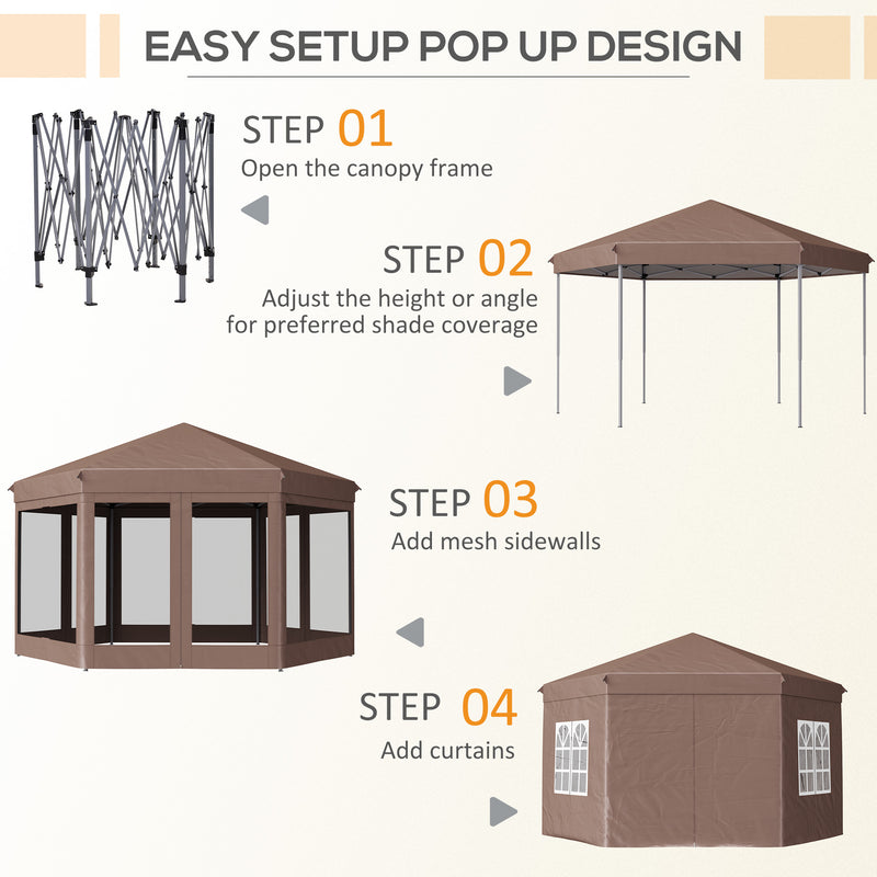 4m x 4m Hexagonal Metal Frame Garden Gazebo Brown