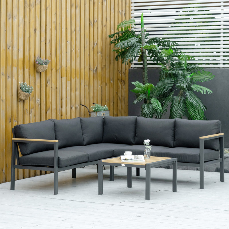 5 Seater L Shape Aluminium Garden Furniture Corner Sofa Set with Coffee Table, Outdoor Conversation Furniture Set w/ Cushions, Dark Grey