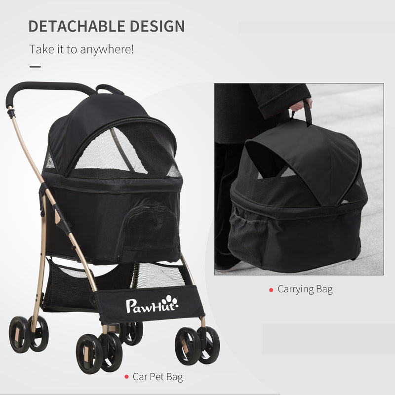 Detachable Pet Stroller, 3-In-1 Dog Cat Travel Carriage, Foldable Carrying Bag with Universal Wheel Brake Canopy Basket Storage Bag, Black