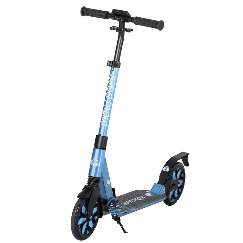One-click Folding Kick Scooter w/ Adjustable Handlebar, Push Scooter with Kickstand, Dual Shock Absorber, 200mm Wheels & ABEC-9 Bearing, Blue