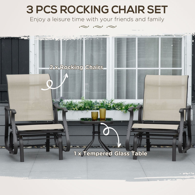 Set of 3 Gliding Chair & Tea Table Set, Outdoor Rocker Set with 2 Armchairs, Tempered Glass Tabletop, Khaki
