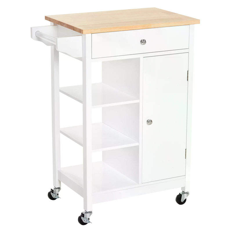 Kitchen Storage Trolley Unit w/ Wood Top 3 Shelves Cupboard Drawer Rail 4 Wheels Handles Moving Shelf Handy Spacesaver White