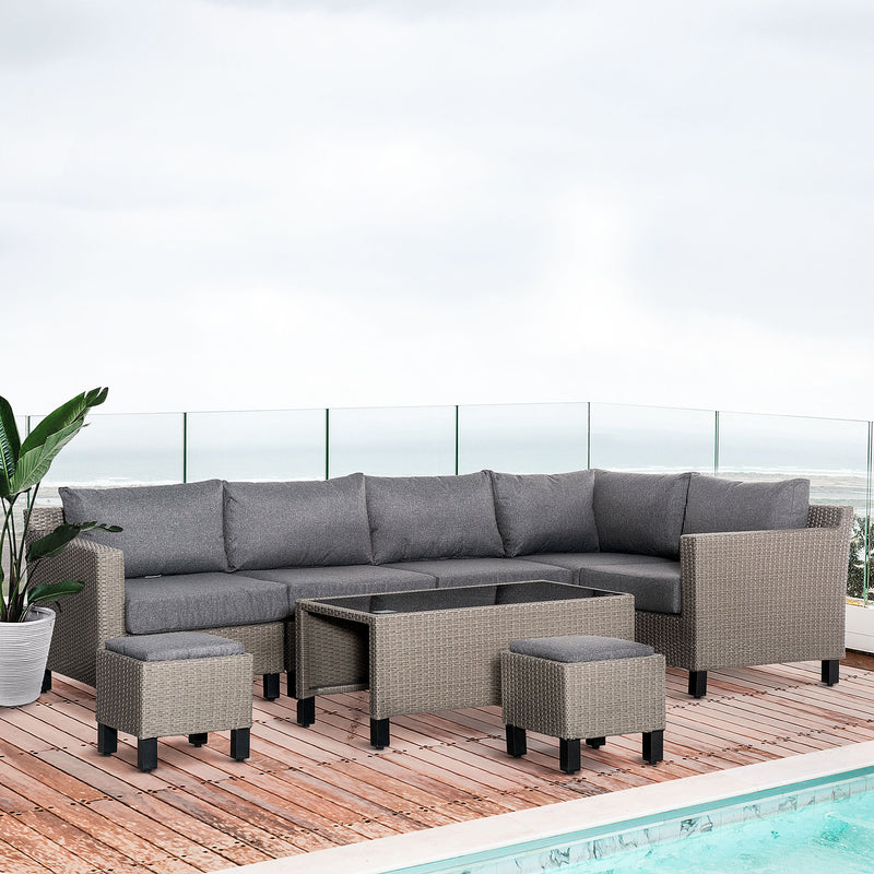 7-Seater PE Rattan Sofa Set Wicker Garden Furniture Patio Conservatory Corner Sofa, w/ Tempered Glass Coffee Table & Cushions, Grey