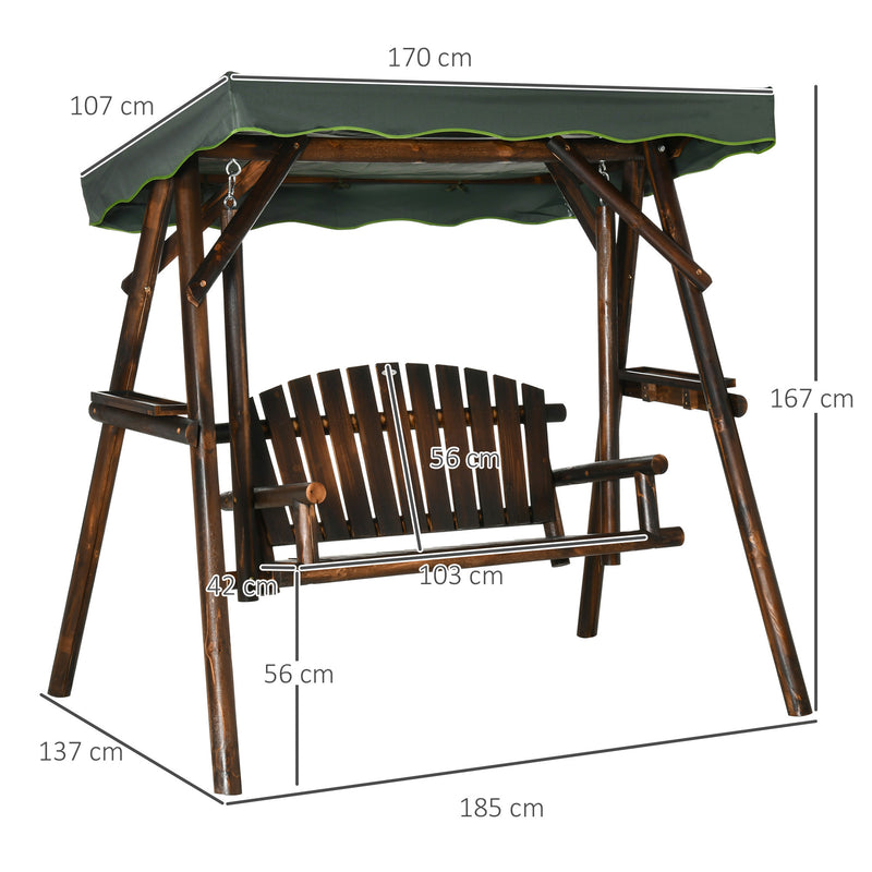 2-Person Garden Swing Chair, Outdoor Hanging Wooden Porch Bench w/ Adjustable Canopy and Side Trays for Patio, Poolside, Backyard
