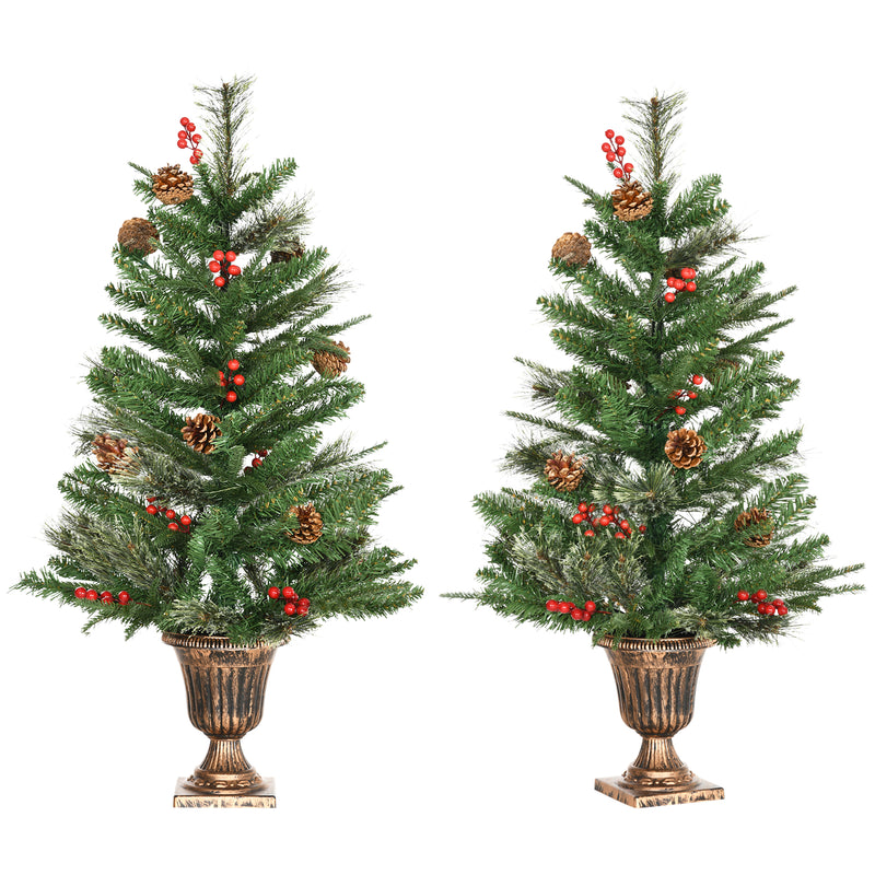 2 Pieces Set 3 Foot Artificial Christmas Tree with 110 Realistic Branches, Pine Cones, Red Berries, Gold Pot, for Doorway, Porch, Green