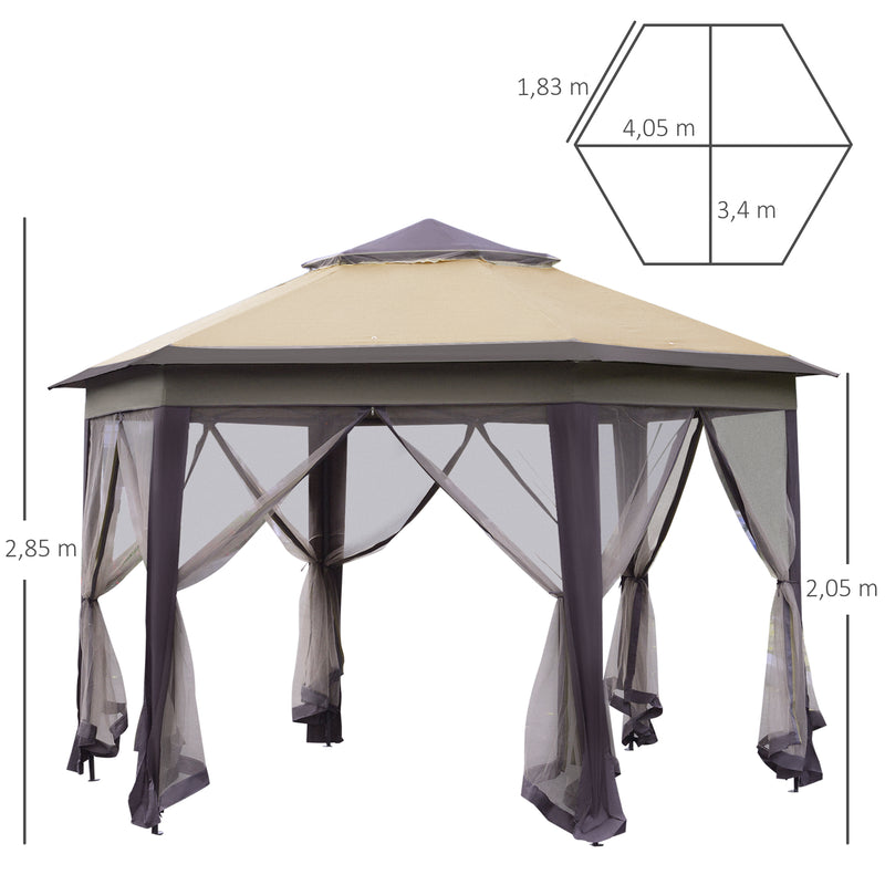 Hexagon Patio Gazebo Pop Up Gazebo Outdoor Double Roof Instant Shelter with Netting, 4m x 4m, Beige