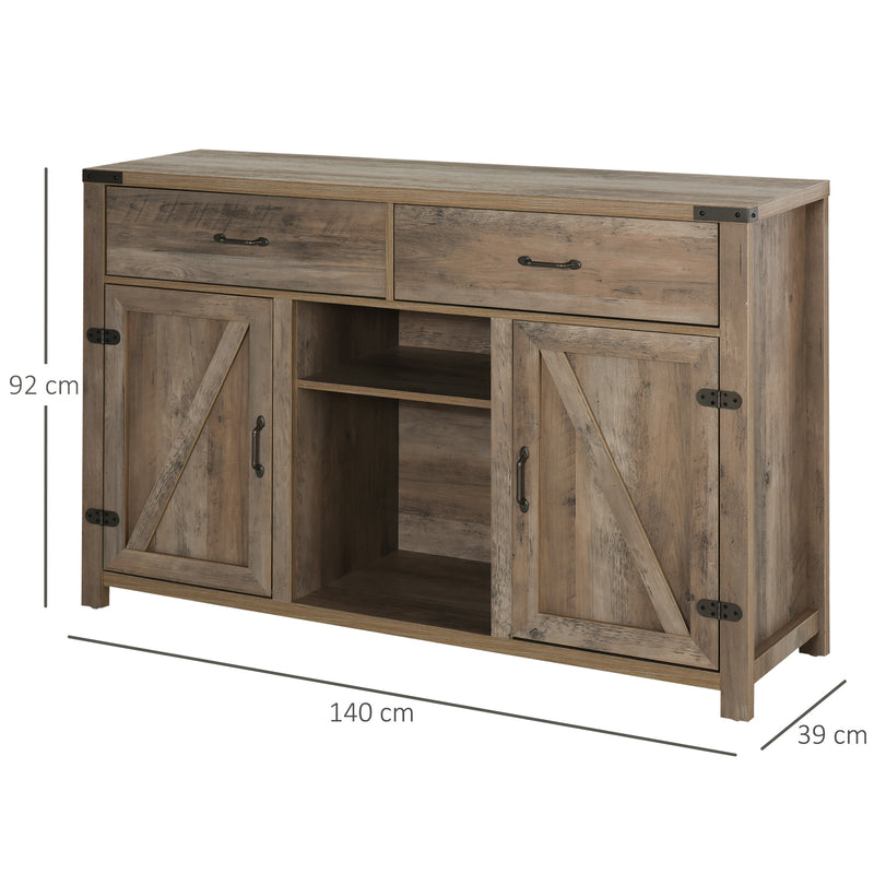 Freestanding Rustic Style Side Cabinet Multi-Storage w/ 2 Drawers&Cupboards Home Dining Furniture Bronze-Tone 140L x 39W x 58H cm