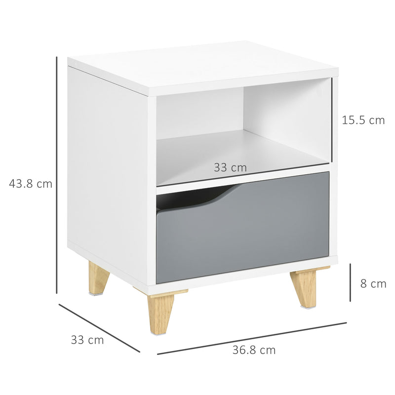 Modern Bedside Table, Side End Table with Shelf, Drawer and Wood Legs, 36.8cmx33cmx43.8cm, White and Grey