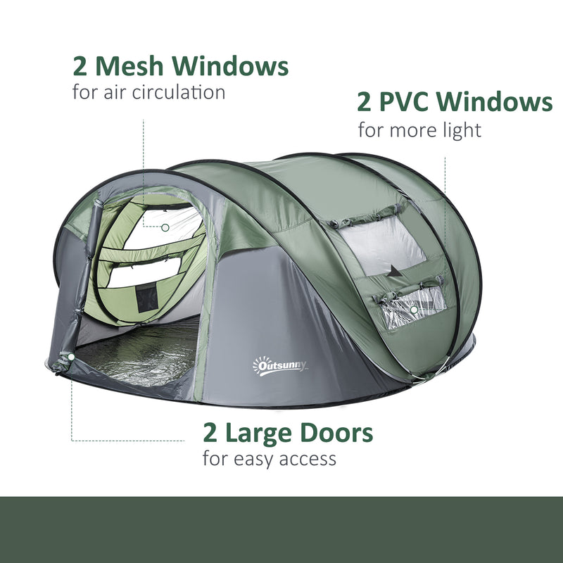 4-5 Person Pop-up Camping Tent Waterproof Family Tent w/ 2 Mesh Windows & PVC Windows Portable Carry Bag for Outdoor Trip Dark Green