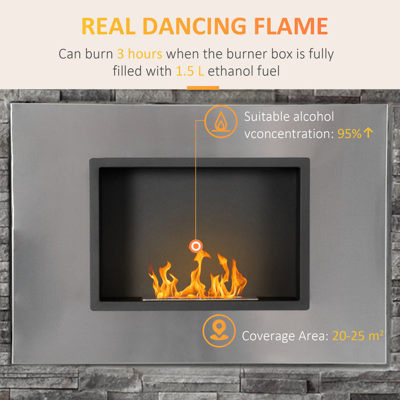 Wall Mounted Ethanol Fireplace, Stainless Steel Bioethanol Heater Stove Fire with 1.5L Tank, 3 Hour Burning Time, Silver