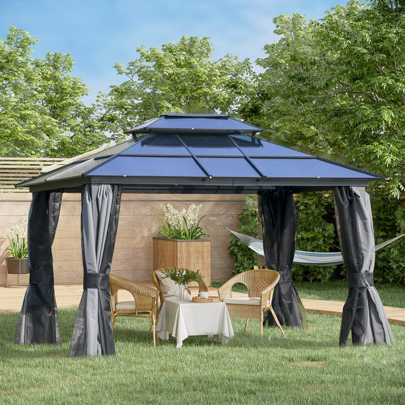 3.6 x 3(m) Polycarbonate Hardtop Gazebo Canopy with Double-Tier Roof and Aluminium Frame, Garden Pavilion with Mosquito Netting and Curtains