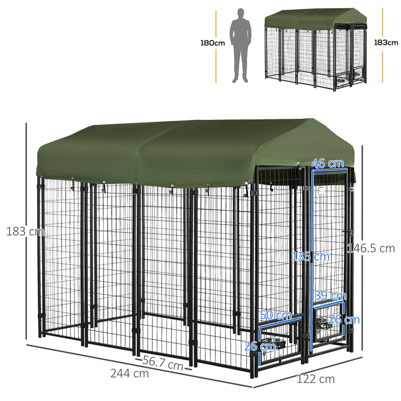 Outdoor Dog Kennel, Lockable Pet Playpen Crate, Welded Wire Steel Fence, with Water-, UV-Resistant Canopy, Rotating Bowl Holders 8x4x6ft Green