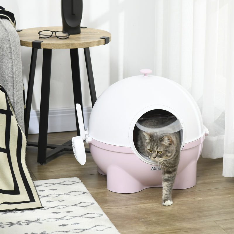 Large Cat Litter Box, Hooded Cat Litter Tray with Lid, Scoop, Top Handle, Front Entrance, 53 x 51 x 48cm - Pink