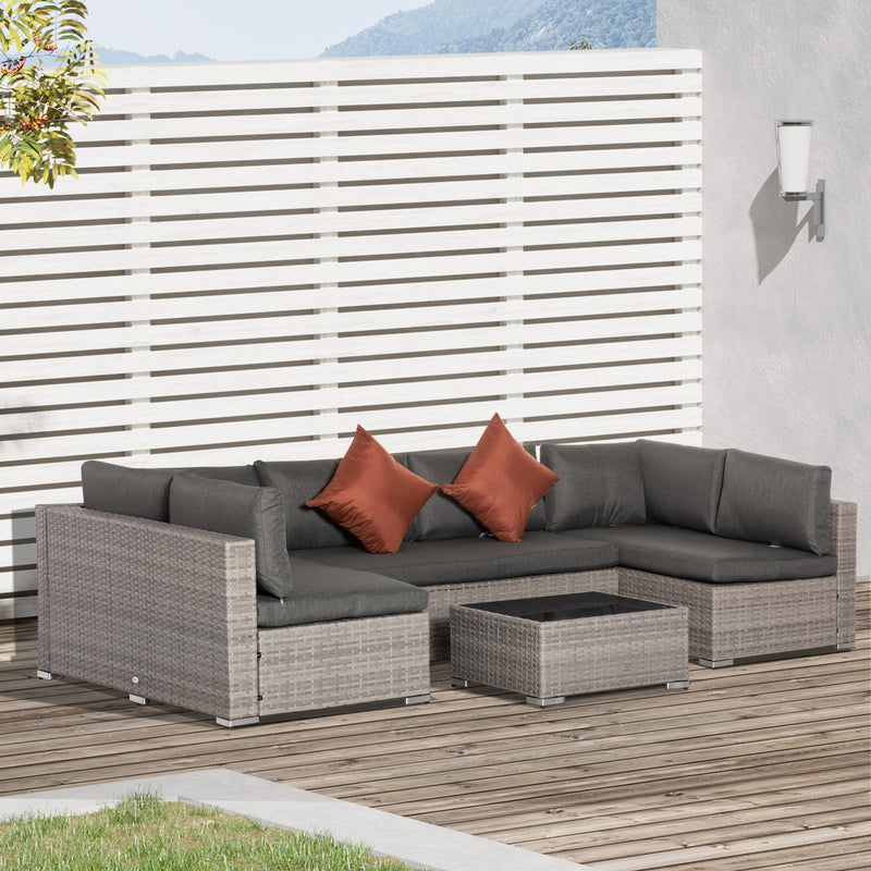 6-Seater Garden Rattan Furniture PE Rattan Sofa Set, Outdoor All Weather Conservatory Furniture, w/ Tempered Glass Coffee Table, Deep Grey