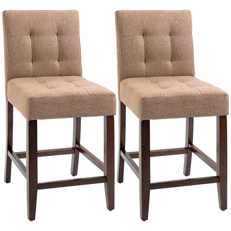 Modern Fabric Bar Stools Set of 2, Thick Padding Kitchen Stool, Bar Chairs with Tufted Back Wood Legs, Brown