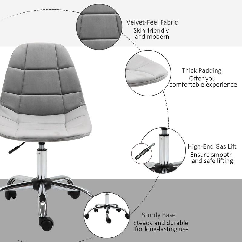 Ergonomic Office Chair with Adjustable Height and Wheels Velvet Executive Chair Armless for Home Study Bedroom Grey