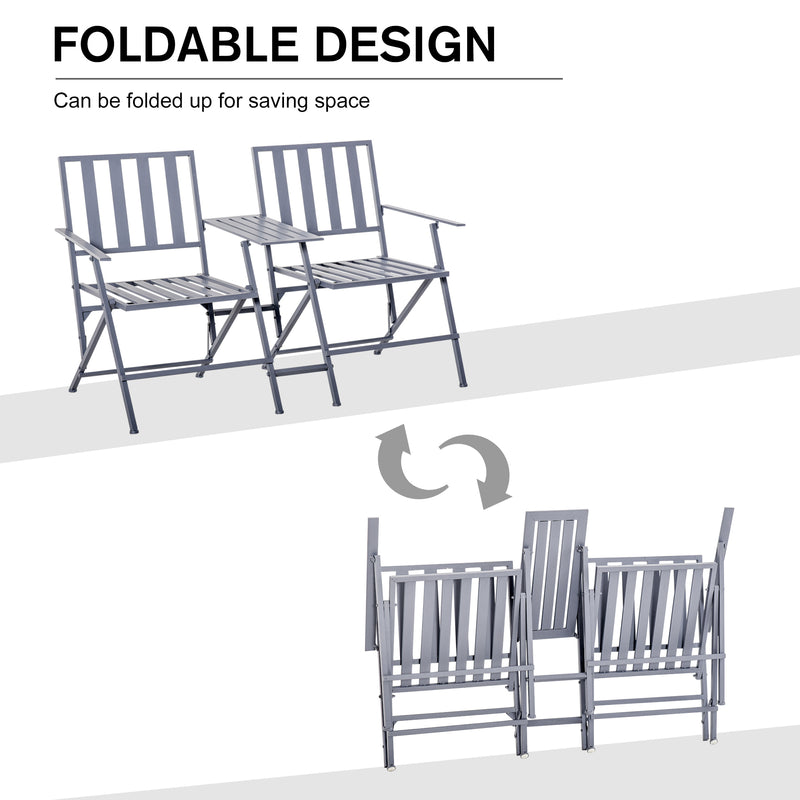 Folding Steel Double Seat Garden Loveseat Bench Patio Chair w/ Table Companion Slatted Garden Patio Outdoor Balcony Furniture Grey