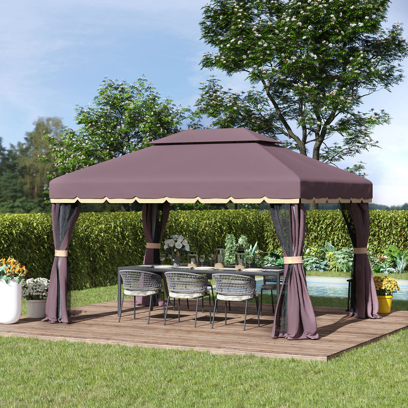 3 x 4m Aluminium Alloy Gazebo Marquee Canopy Pavilion Patio Garden Party Tent Shelter with Nets and Sidewalls - Coffee