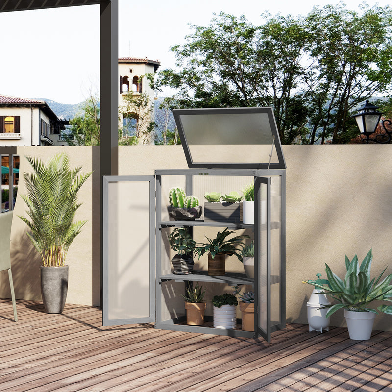 3-Tier Wooden Cold Frame Greenhouse Garden Polycarbonate Grow House w/ Adjustable Storage Shelf, 76 x 47 x 110 cm, Dark Grey