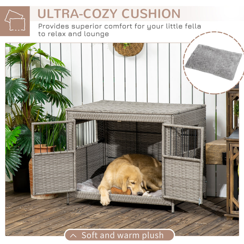 Wicker Dog Cage, Dog Crate with Double Doors and Soft Washable Cushion for Medium to Large Sized Dogs, 85 x 61 x 70 cm