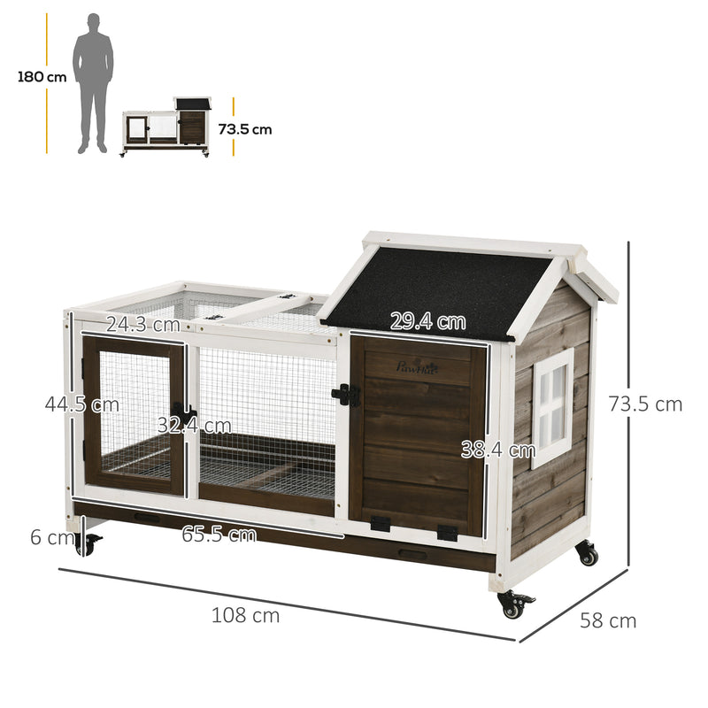 Wooden Rabbit Hutch with Wheels, Guinea Pig Cage, Small Animal House for Outdoor & Indoor with Slide-out Tray, 108 x 58 x 73.5cm, Coffee