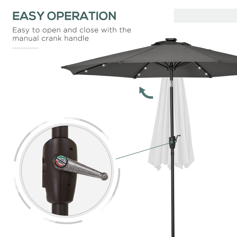 Garden 24 LED Light Parasol Outdoor Tilt Sun Umbrella Patio Club Party Event Manual Sun Shade w/ Hand Crank Grey