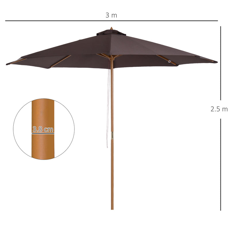 ⌀3m Bamboo Wooden Market Patio Umbrella Garden Parasol Outdoor Sunshade Canopy, 8-ribs,Coffee
