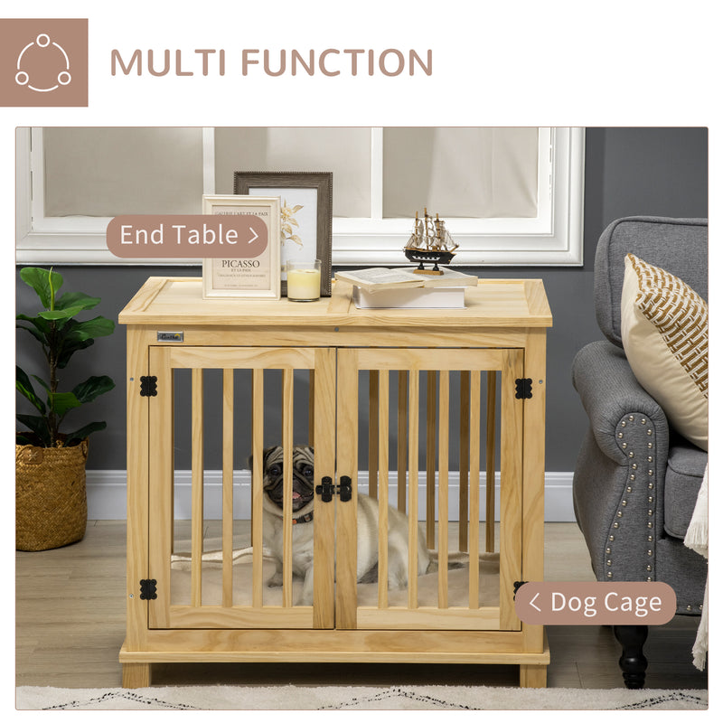 Wooden Dog Crate, with Double Doors, Cushion, for Medium Dogs - Natural Finish
