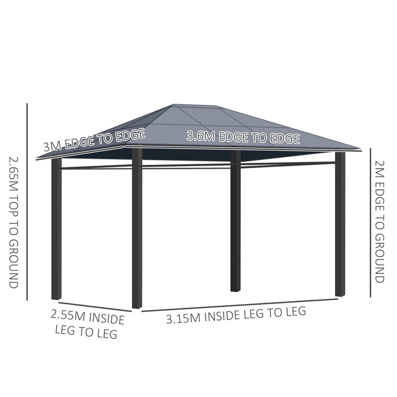 3.6 x 3(m) Hardtop Gazebo with UV Resistant Polycarbonate Roof, Steel & Aluminum Frame, Garden Pavilion with Curtains, Grey