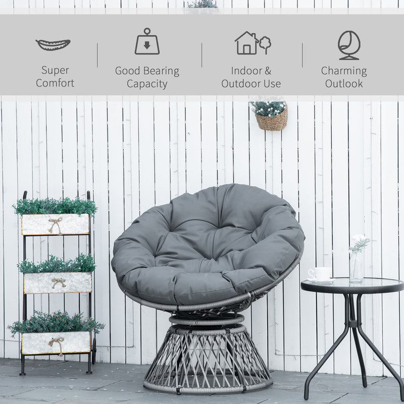 360° Swivel Rattan Papasan Moon Bowl Chair Round Lounge Garden Wicker Basket Seat with Padded Cushion Oversized for Outdoor Indoor, Grey