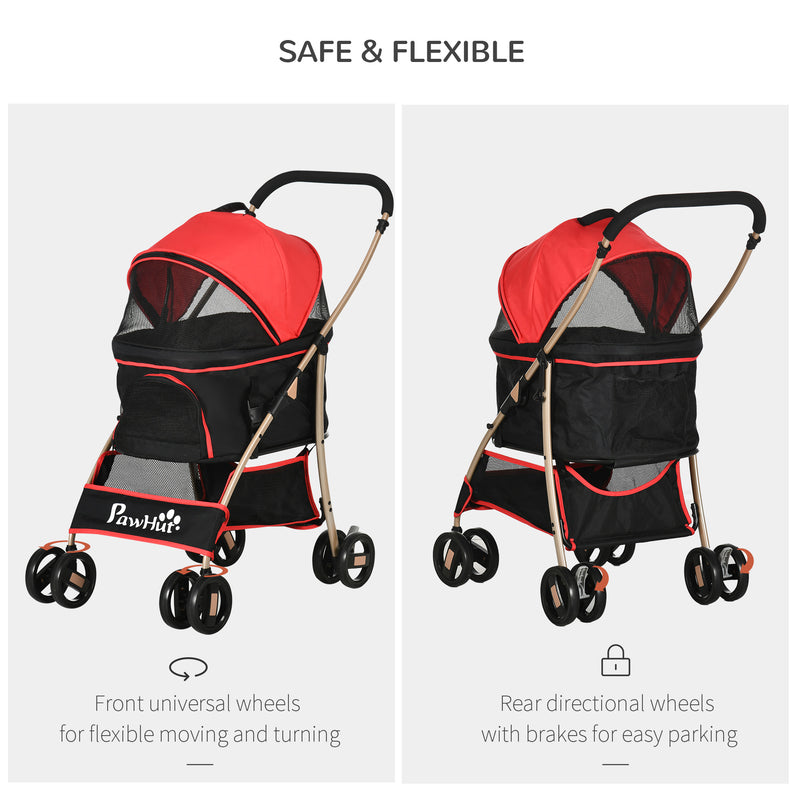 Pet Stroller Detachable 3-In-1 Dog Pushchair Cat Travel Carriage Foldable Bag w/ Universal Wheel, Brake Canopy for XS & S Sized Pets, Red