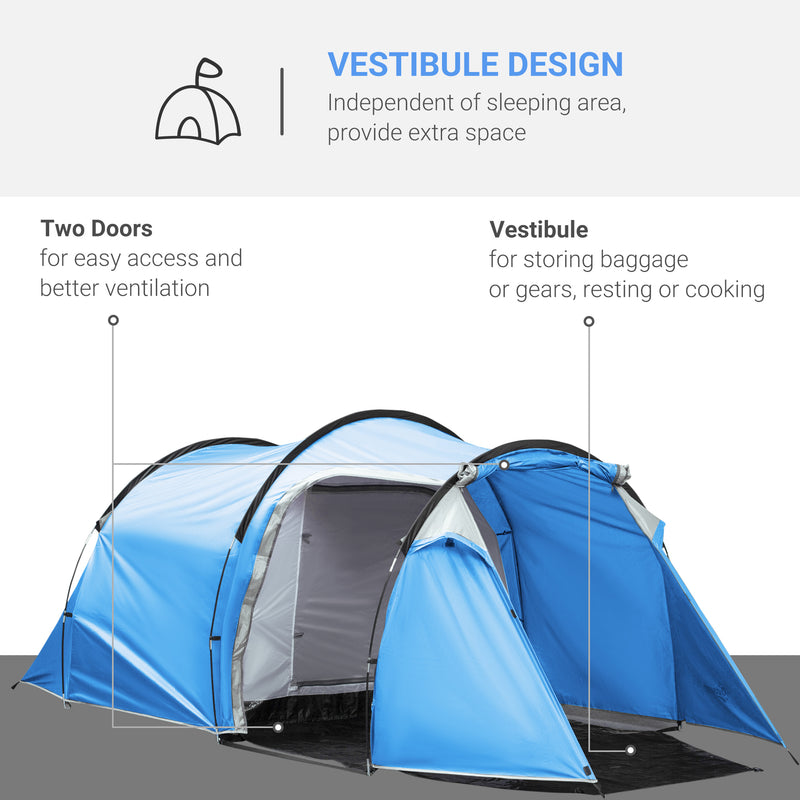 2-3 Man Tunnel Tents w/ Vestibule Camping Tent Porch Air Vents Rainfly Weather-Resistant Shelter Fishing Hiking Festival Shelter Blue