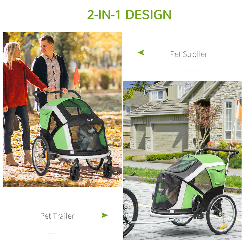 Dog Bike Trailer 2-in-1 Pet Stroller for Large Dogs Cart Foldable Bicycle Carrier Aluminium Frame with Safety Leash Hitch Coupler Flag Green