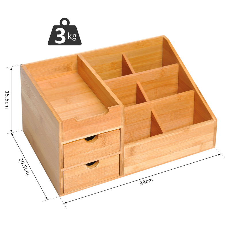 Organiser Holder Multi-Function Storage Caddy Drawers Home Office Stationary Supplies 7 Storage Compartments and 2 Drawers Natural Wood