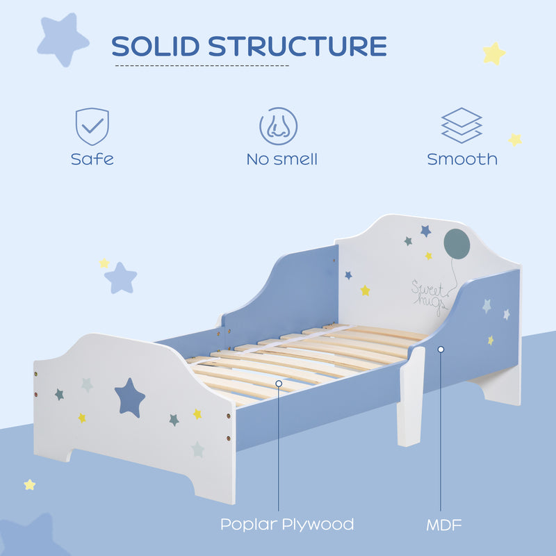 Kids Toddler Wooden Bed Round Edged with Guardrails Stars Image 143 x 74 x 59 cm Blue