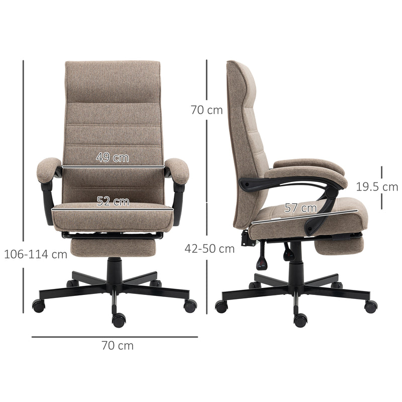 High-Back Home Office Chair, Linen Swivel Reclining Chair with Adjustable Height, Footrest and Padded Armrest for Living Room, Study, Brown