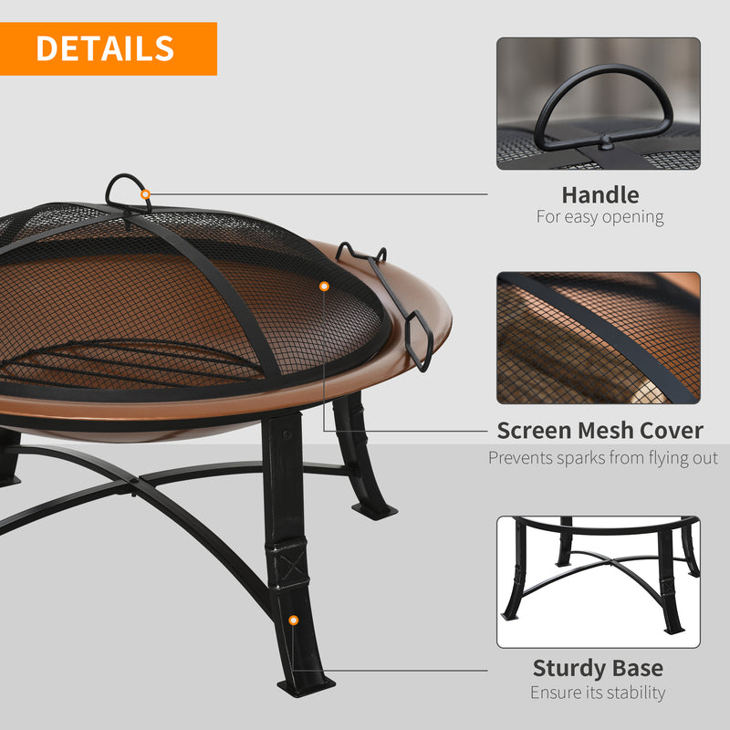 Metal Large Firepit Bowl Outdoor Round Fire Pit w/ Lid, Log Grate, Poker for Backyard, Camping, Picnic, Bonfire, 76 x 76 x 49.5cm, Bronze