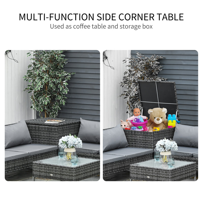 4 PCs Garden Rattan Wicker Outdoor Furniture Patio Corner Sofa Love Seat and Table Set with Cushions Side Desk Storage - Mixed Grey