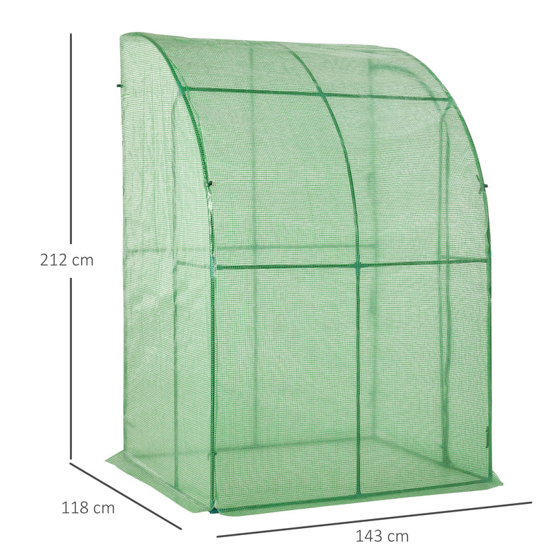 Walk-In Greenhouse Lean to Wall Tunnel Greenhouse with Zippered Roll Up Door PE Cover and Steel Frame for Garden, 143 x 118 x 212 cm