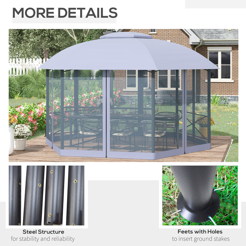 4 x 4.7(m) Patio Metal Gazebo Canopy, Hexagon Shape Garden Tent Sun Shade, Outdoor Shelter with 2 Tier Roof, Netting, Steel Frame, Grey